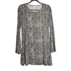 Others Follow Womens S Boho Tunic Dress Black White Geometric Print Long Bell Sl
